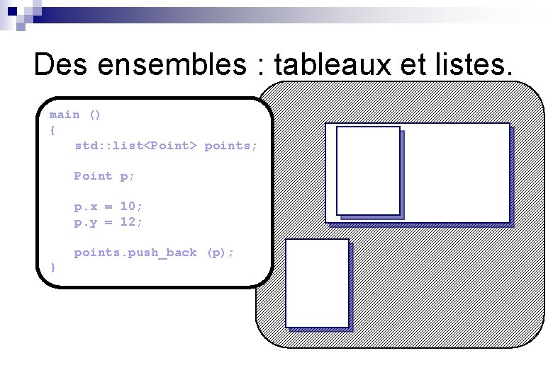 Des ensembles : tableaux et listes. main () { std: : list<Point> points; Point