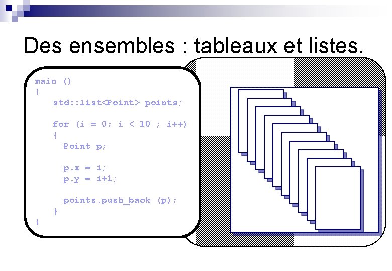 Des ensembles : tableaux et listes. main () { std: : list<Point> points; for