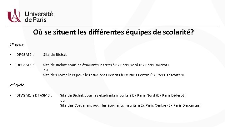 Où se situent les différentes équipes de scolarité? 1 er cycle • DFGSM 2