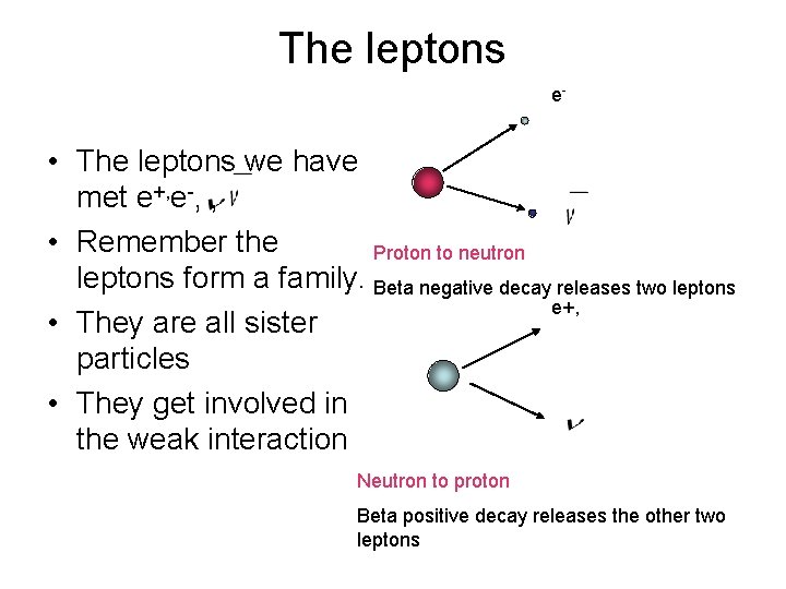 The leptons e- • The leptons we have met e+, e-, , • Remember The leptons e- • The leptons we have met e+, e-, , • Remember