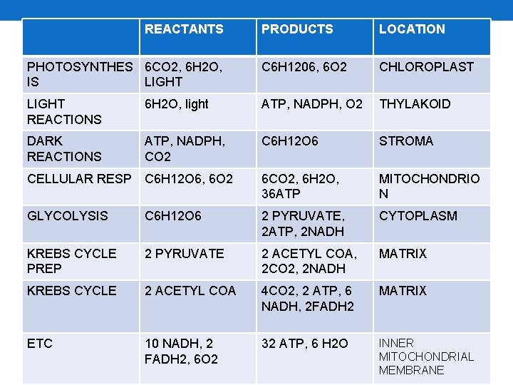 REACTANTS PRODUCTS LOCATION PHOTOSYNTHES 6 CO 2, 6 H 2 O, IS LIGHT C