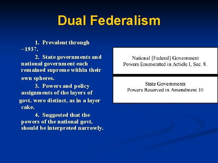 Dual Federalism 1. Prevalent through ~1937. 2. State governments and national government each remained