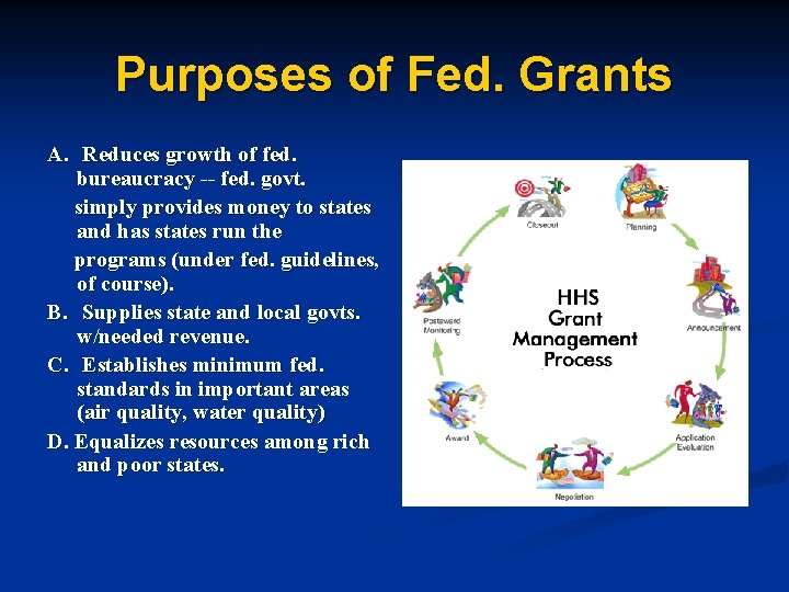 Purposes of Fed. Grants A. Reduces growth of fed. bureaucracy -- fed. govt. simply