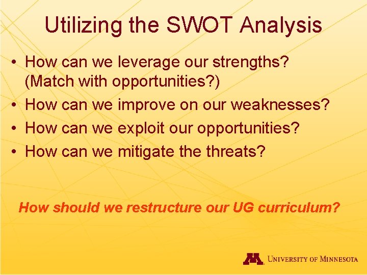 Utilizing the SWOT Analysis • How can we leverage our strengths? (Match with opportunities?