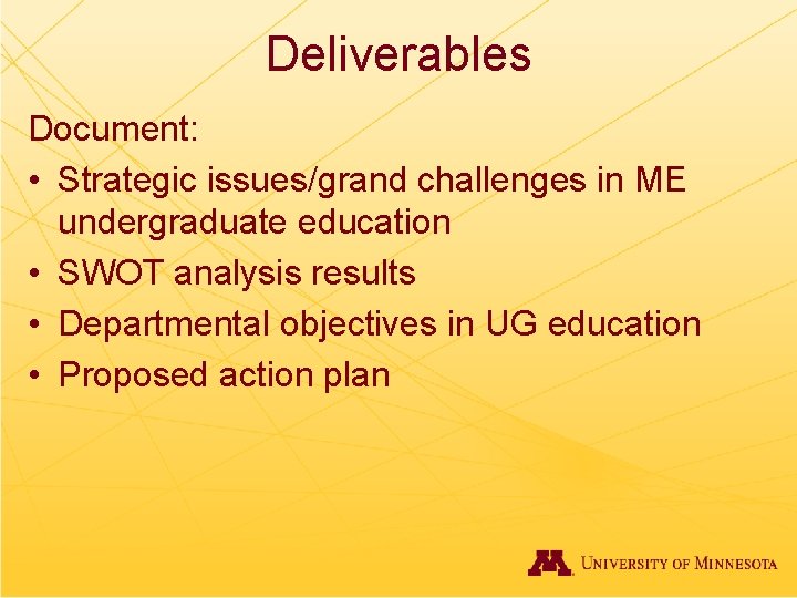 Deliverables Document: • Strategic issues/grand challenges in ME undergraduate education • SWOT analysis results