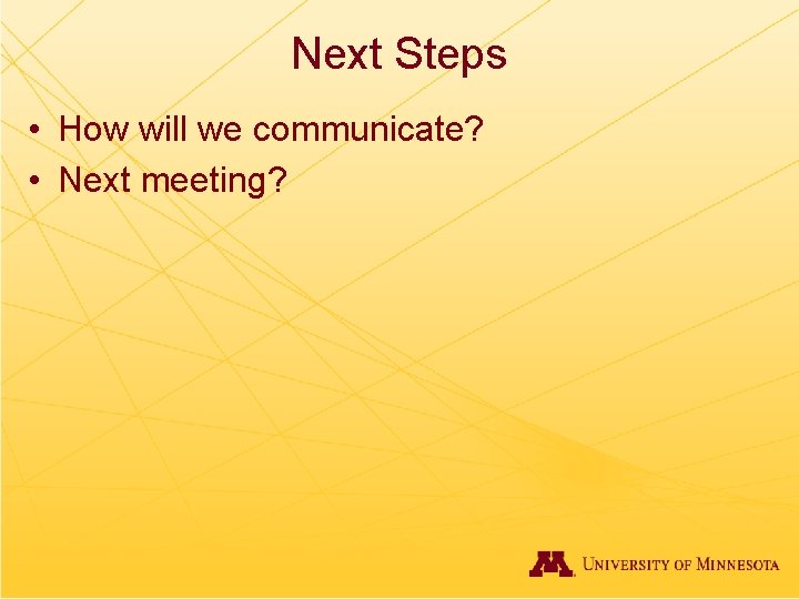 Next Steps • How will we communicate? • Next meeting? 