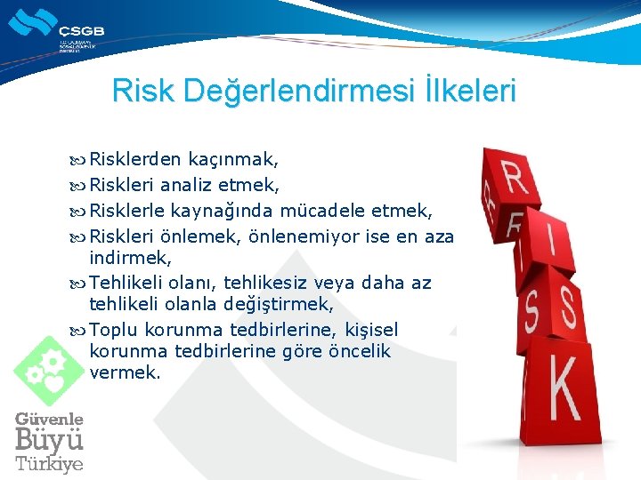 Risk Değerlendirmesi İlkeleri Risklerden kaçınmak, Riskleri analiz etmek, Risklerle kaynağında mücadele etmek, Riskleri önlemek, Risk Değerlendirmesi İlkeleri Risklerden kaçınmak, Riskleri analiz etmek, Risklerle kaynağında mücadele etmek, Riskleri önlemek,