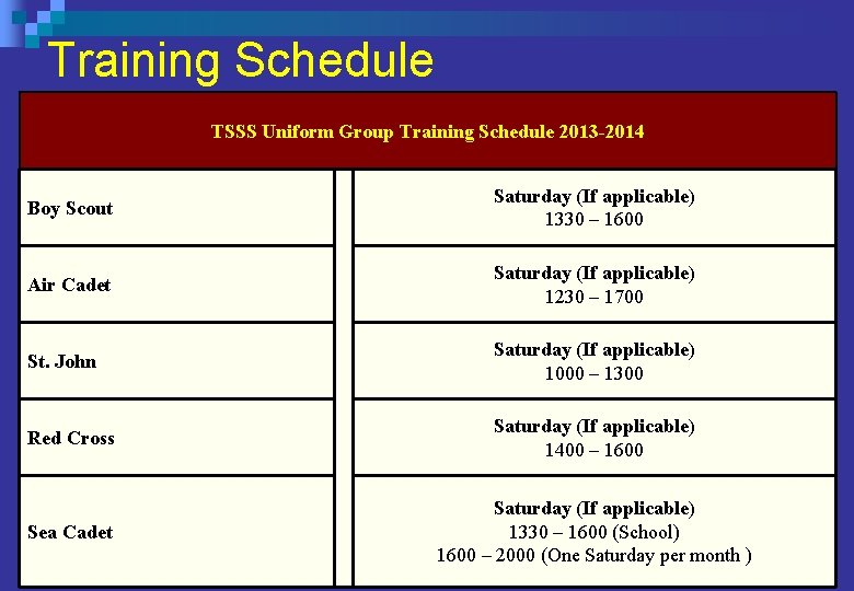 Training Schedule TSSS Uniform Group Training Schedule 2013 -2014 Boy Scout Saturday (If applicable) Training Schedule TSSS Uniform Group Training Schedule 2013 -2014 Boy Scout Saturday (If applicable)