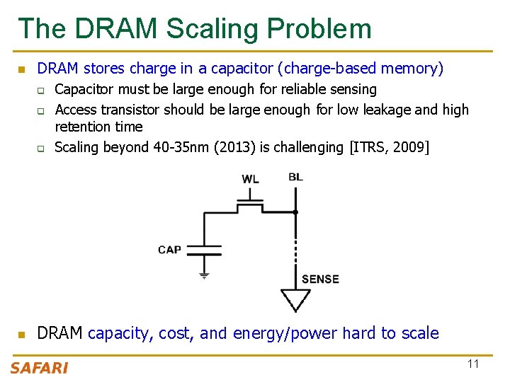 The DRAM Scaling Problem n DRAM stores charge in a capacitor (charge-based memory) q