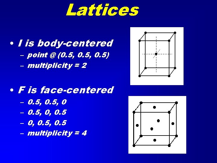 Lattices • I is body-centered – point @ (0. 5, 0. 5) – multiplicity