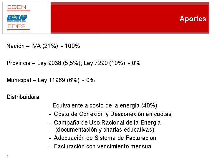 Aportes Nación – IVA (21%) - 100% Provincia – Ley 9038 (5, 5%); Ley