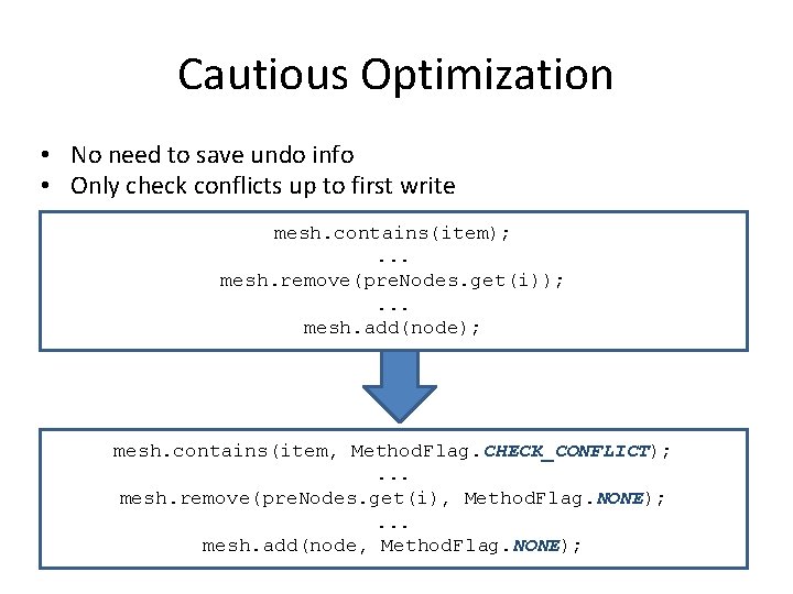 Cautious Optimization • No need to save undo info • Only check conflicts up