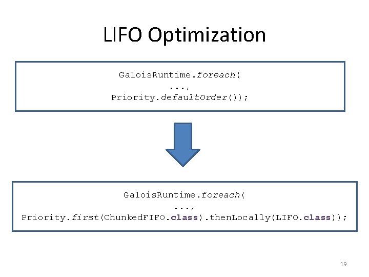 LIFO Optimization Galois. Runtime. foreach(. . . , Priority. default. Order()); Galois. Runtime. foreach(.