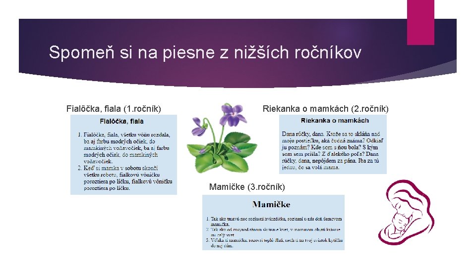 Spomeň si na piesne z nižších ročníkov Fialôčka, fiala (1. ročník) Riekanka o mamkách