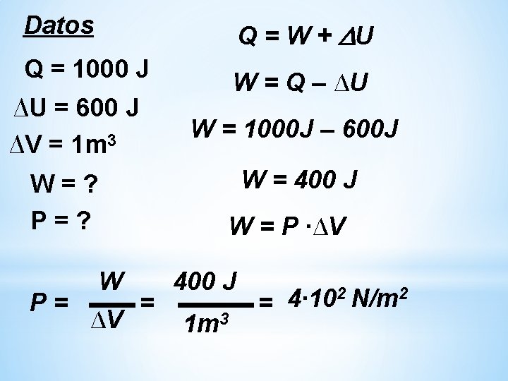 Datos Q = 1000 J ∆U = 600 J ∆V = 1 m 3 Datos Q = 1000 J ∆U = 600 J ∆V = 1 m 3