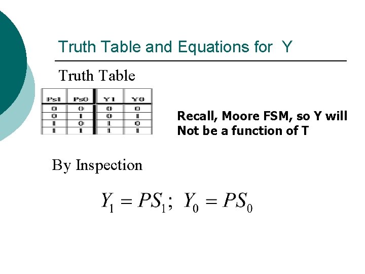 Truth Table and Equations for Y Truth Table Recall, Moore FSM, so Y will