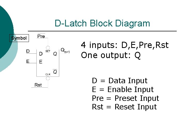 D-Latch Block Diagram Symbol 4 inputs: D, E, Pre, Rst One output: Q D