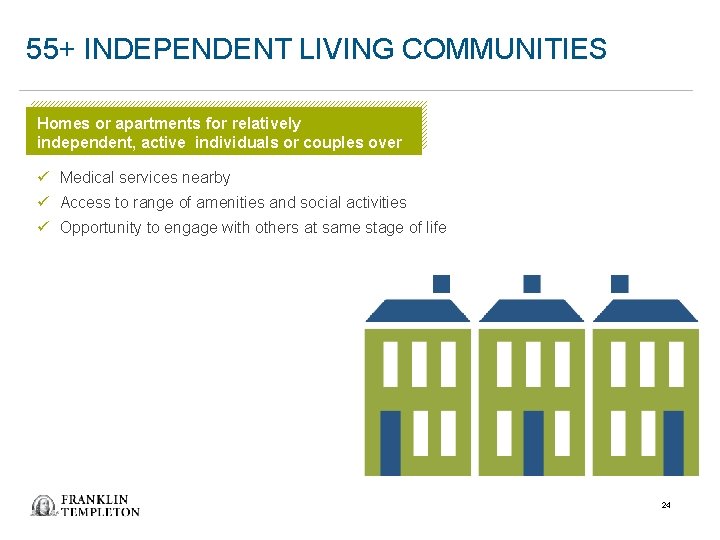 55+ INDEPENDENT LIVING COMMUNITIES Homes or apartments for relatively independent, active individuals or couples