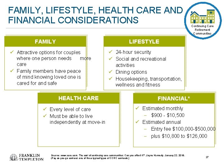 FAMILY, LIFESTYLE, HEALTH CARE AND FINANCIAL CONSIDERATIONS FAMILY Continuing Care Retirement Communities LIFESTYLE ü