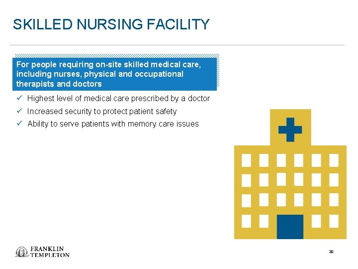 SKILLED NURSING FACILITY For people requiring on-site skilled medical care, including nurses, physical and SKILLED NURSING FACILITY For people requiring on-site skilled medical care, including nurses, physical and
