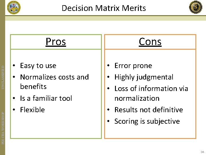 Decision Matrix Merits PDI CBA WORKSHOP UNCLASSIFIED Pros • Easy to use • Normalizes