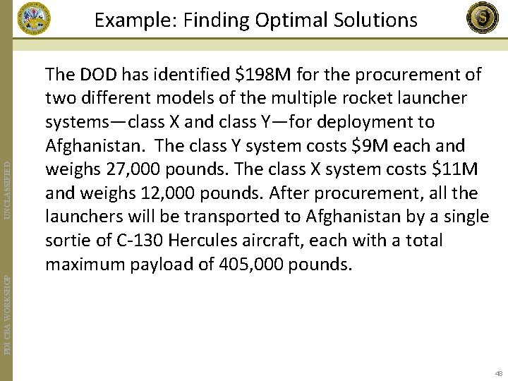 PDI CBA WORKSHOP UNCLASSIFIED Example: Finding Optimal Solutions The DOD has identified $198 M