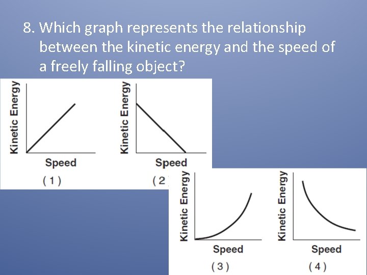 8. Which graph represents the relationship between the kinetic energy and the speed of