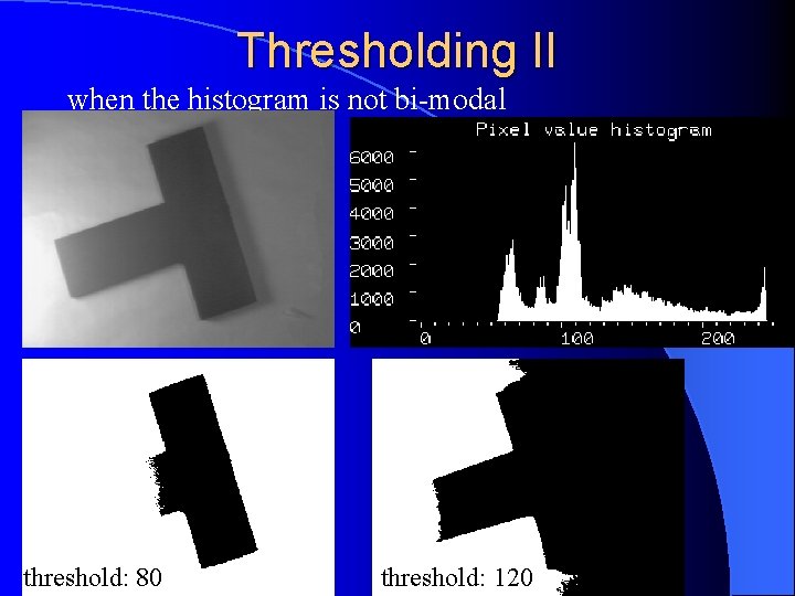 Thresholding II when the histogram is not bi-modal threshold: 80 threshold: 120 