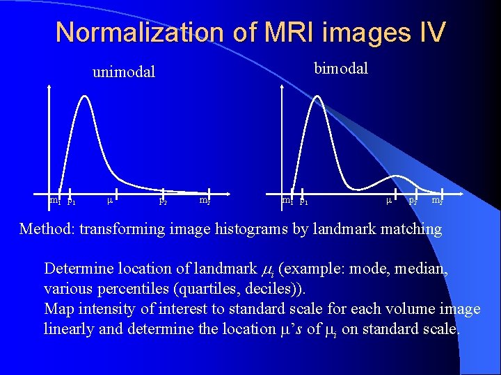 Normalization of MRI images IV bimodal unimodal m 1 p 1 p 2 m