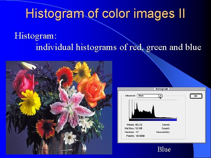 Histogram of color images II Histogram: individual histograms of red, green and blue Blue