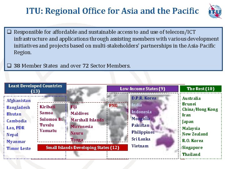 ITU: Regional Office for Asia and the Pacific q Responsible for affordable and sustainable