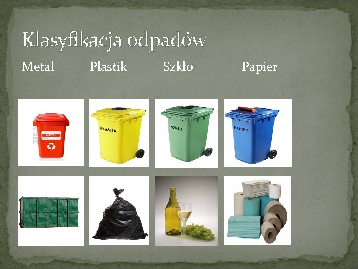 Klasyfikacja odpadów Metal Plastik Szkło Papier Klasyfikacja odpadów Metal Plastik Szkło Papier