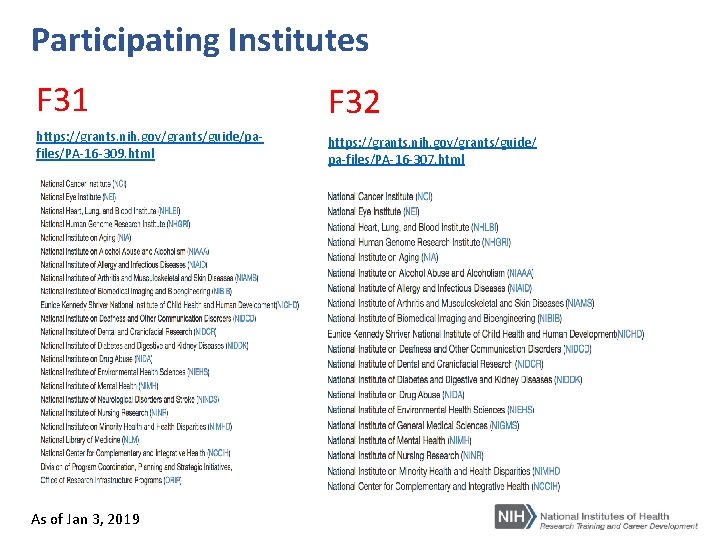 Participating Institutes F 31 F 32 https: //grants. nih. gov/grants/guide/pafiles/PA-16 -309. html https: //grants.