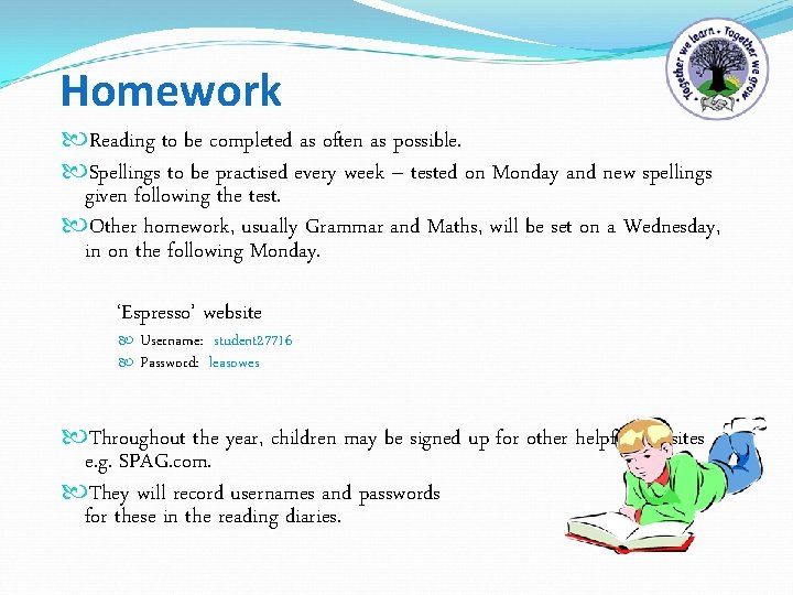 Homework Reading to be completed as often as possible. Spellings to be practised every