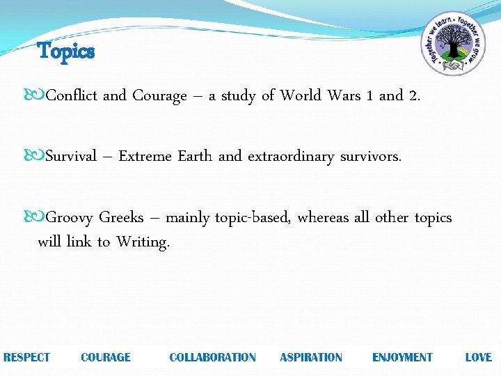 Topics Conflict and Courage – a study of World Wars 1 and 2. Survival