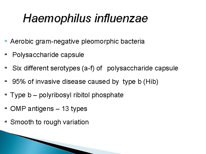Haemophilus influenzae Aerobic gram-negative pleomorphic bacteria Polysaccharide capsule Six different serotypes (a-f) of polysaccharide