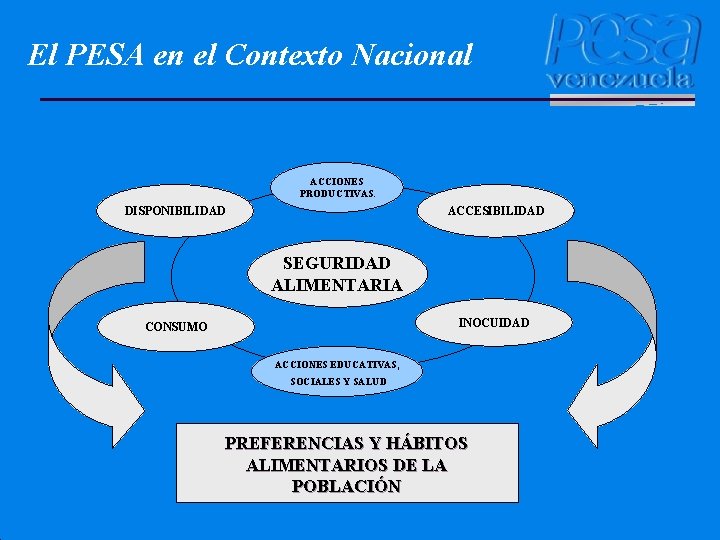 El PESA en el Contexto Nacional ACCIONES PRODUCTIVAS. DISPONIBILIDAD ACCESIBILIDAD SEGURIDAD ALIMENTARIA INOCUIDAD CONSUMO