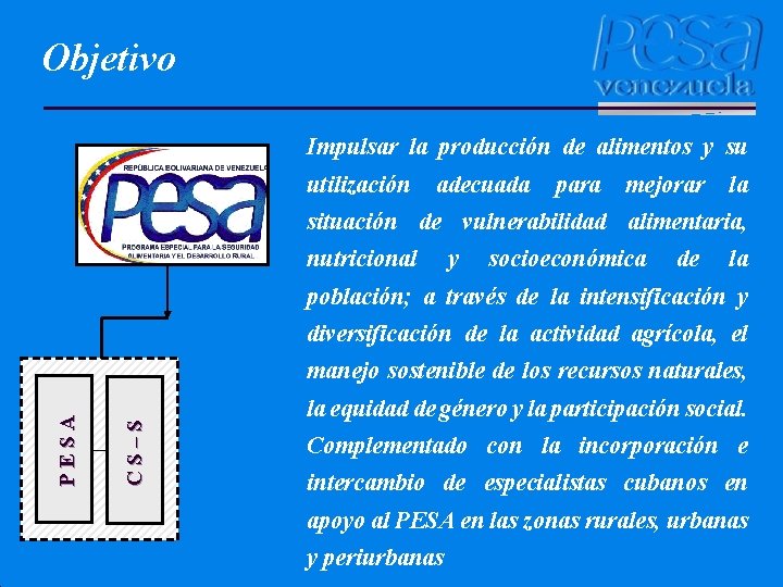 Objetivo Impulsar la producción de alimentos y su utilización adecuada para mejorar la situación