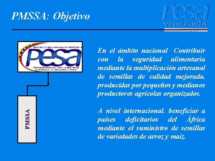 PMSSA: Objetivo PMSSA En el ámbito nacional Contribuir con la seguridad alimentaria mediante la