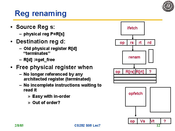 Reg renaming • Source Reg s: ifetch – physical reg P=R[s] • Destination reg