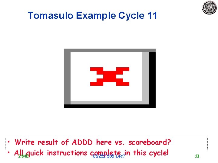 Tomasulo Example Cycle 11 • Write result of ADDD here vs. scoreboard? • All