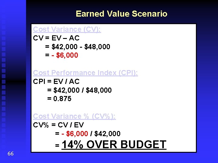 Earned Value Scenario Cost Variance (CV): CV = EV – AC = $42, 000