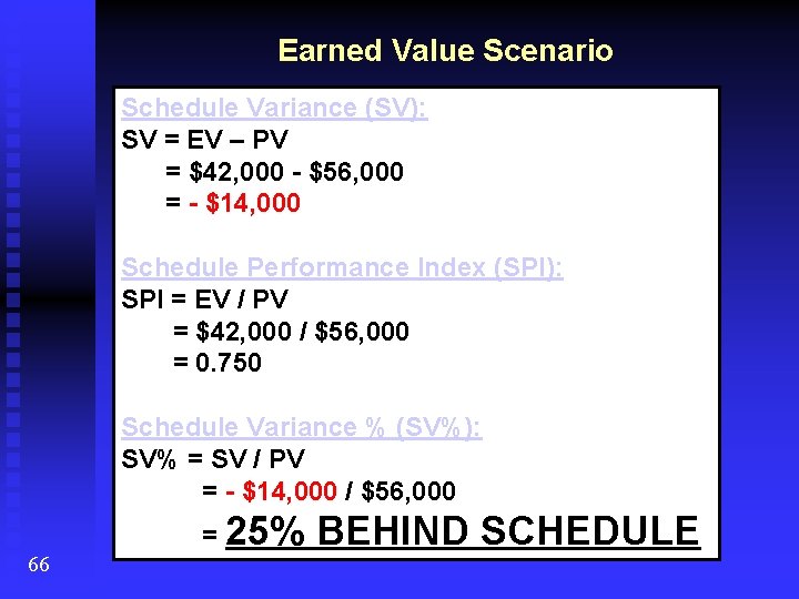 Earned Value Scenario Schedule Variance (SV): SV = EV – PV = $42, 000