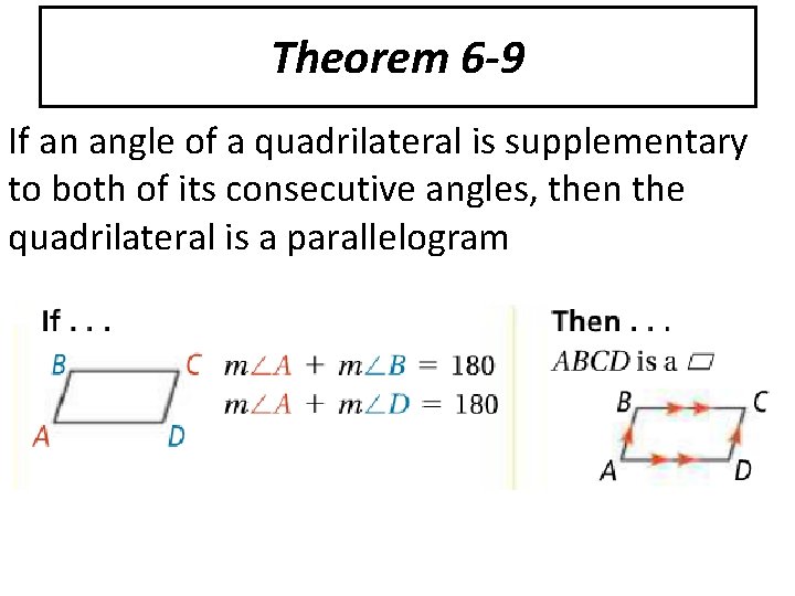 Theorem 6 -9 If an angle of a quadrilateral is supplementary to both of