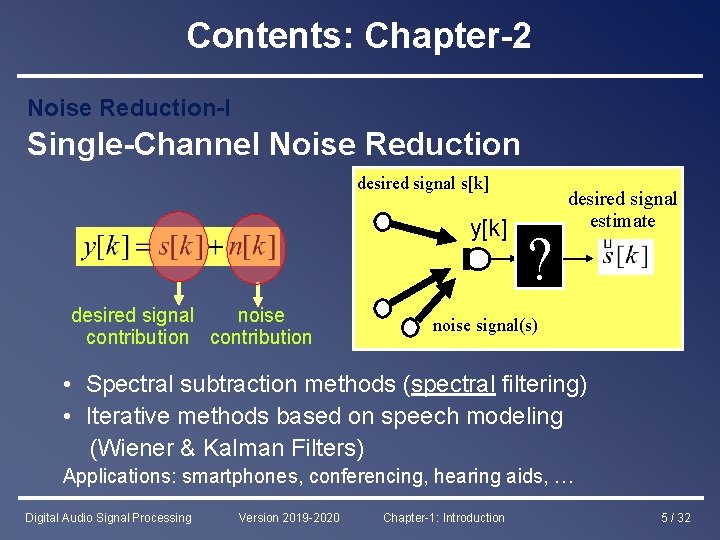 Contents: Chapter-2 Noise Reduction-I Single-Channel Noise Reduction desired signal s[k] y[k] desired signal noise