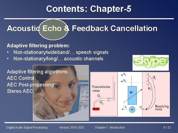 Contents: Chapter-5 Acoustic Echo & Feedback Cancellation Adaptive filtering problem: • Non-stationary/wideband/… speech signals