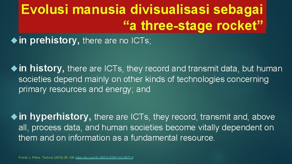 Evolusi manusia divisualisasi sebagai “a three-stage rocket” in prehistory, there are no ICTs; in