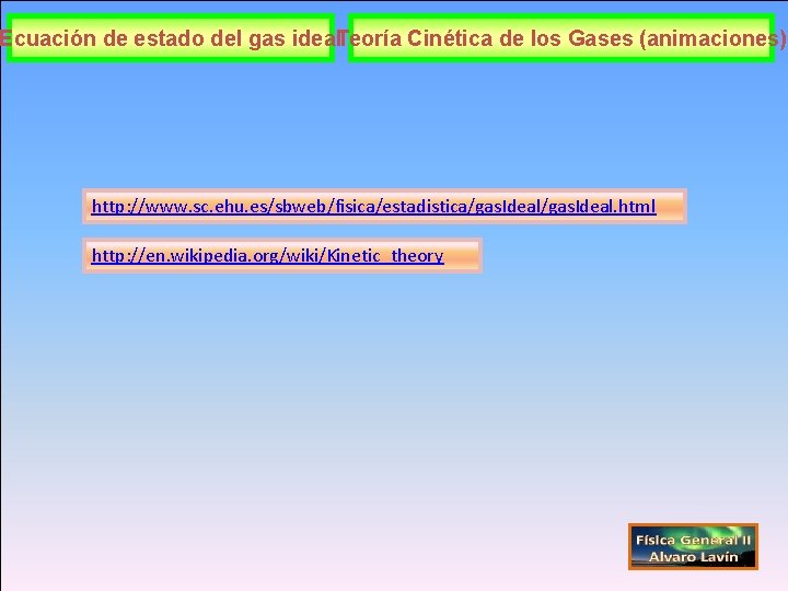 Ecuación de estado del gas ideal. Teoría Cinética de los Gases (animaciones) http: //www.