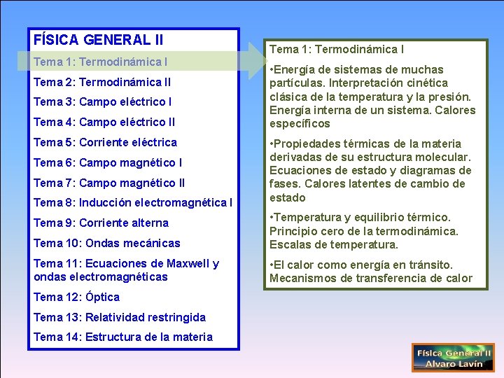 FÍSICA GENERAL II Tema 1: Termodinámica I Tema 2: Termodinámica II Tema 3: Campo