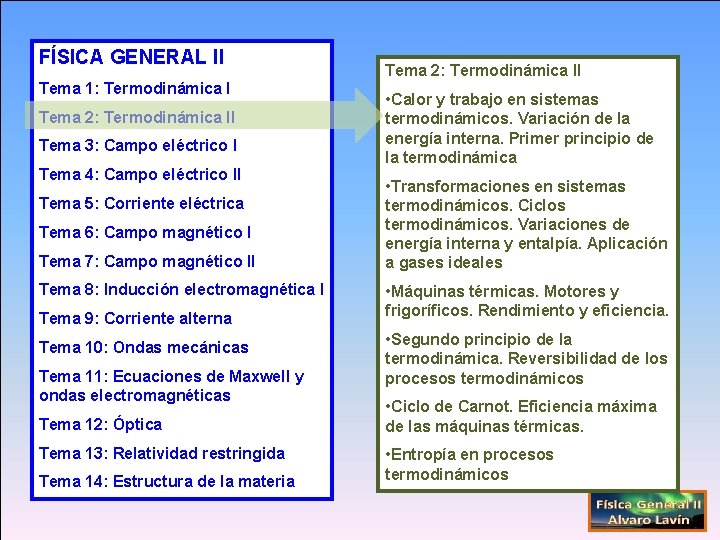 FÍSICA GENERAL II Tema 1: Termodinámica I Tema 2: Termodinámica II Tema 3: Campo